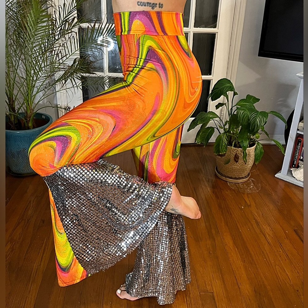 Groovy colorful bell bottoms with silver sequin flares size small